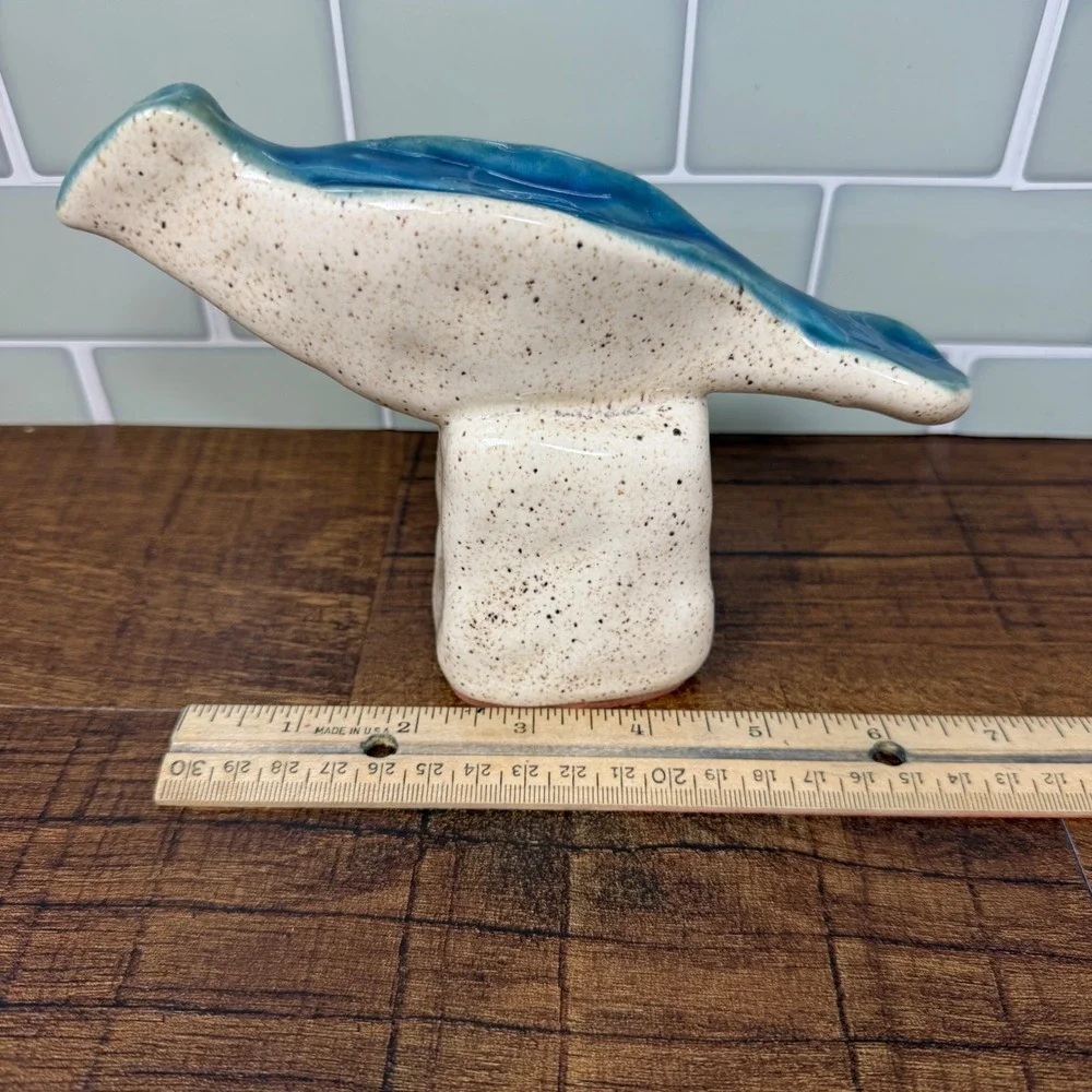 West Elm Speckled Ceramic Bird Figurine Aqua Blue Glaze Modernist Sculpture